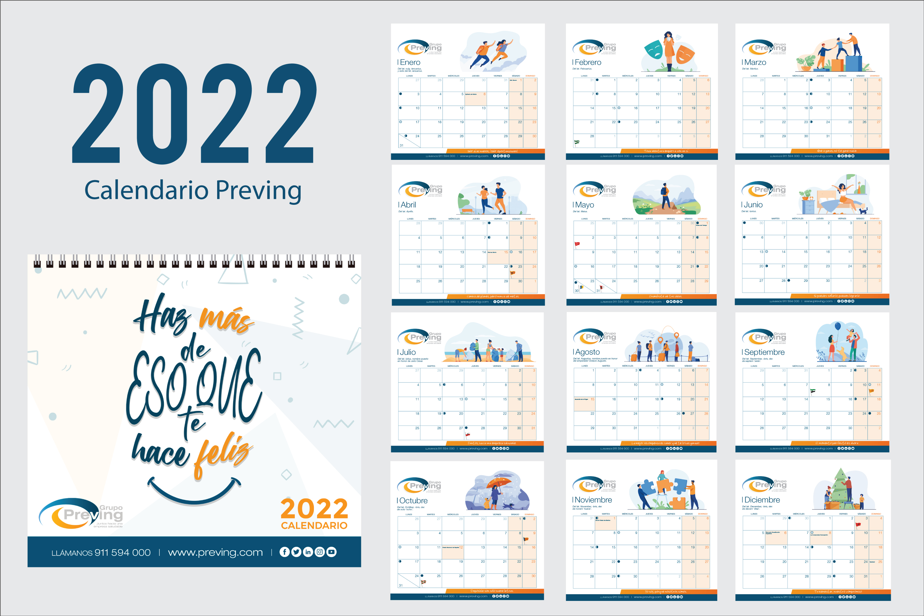 Calendario Preving 2022 versión castellano, doce meses del año